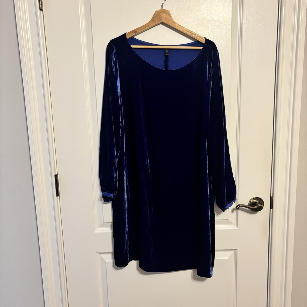 Eileen Fisher Women's Blue Solid Velvet Shift Knee Dress Scoop Neck Pullover XL